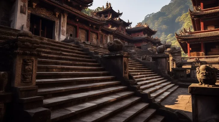 在这样的地方附近，有一座带有台阶的寺庙，以怀旧的图像风格呈现，有山脉的景色，史诗般的景观，电影场景，深蓝色和青铜色，32k UHD，平衡的构图