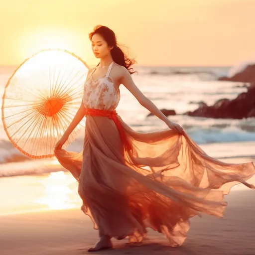 海滩上长袖连衣裙的女性轮廓照片，由Laura Higa拍摄，韩国，流动面料，浅橙色和浅金色，维多利亚时代的服装，太阳能化大师，优雅正式，仙气