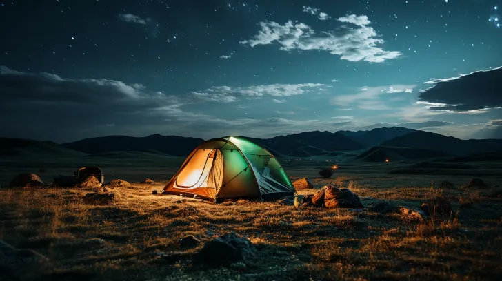 在草地的夜空中，搭建一个帐篷，以长距离和深远距离的风格，使用轻琥珀和天蓝色，精确度高，大胆的景观，年轻的活力，具有标志性的，hikecore