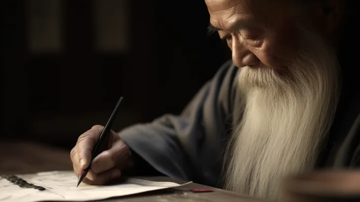 老年人戴着帽子写作，以儒家思想为风格，屡获殊荣，清晰的边缘定义，如童话般的故事般，照片般逼真的技术，原始的真实性，奥林巴斯OM-1