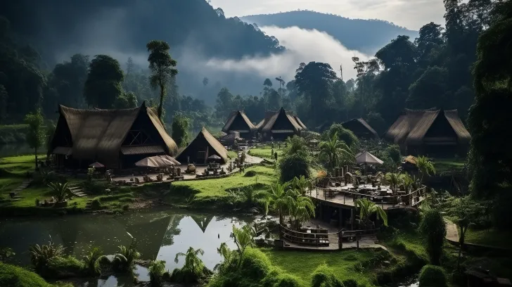 将一个位于河边和丛林中的木制村庄，以氛围和梦幻的背景，壮观的背景，池底摄影，豪华纹理，山脉景色，32k uhd的风格呈现