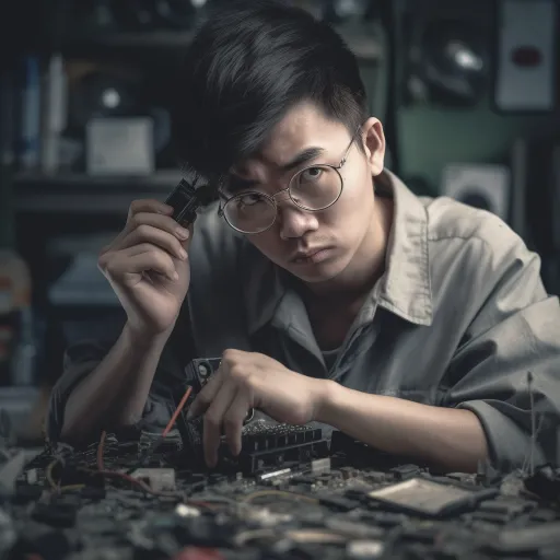 一个亚洲男子在一家修理店修理旧电子产品，以史诗般的肖像画风格、灰色学术风格、框架、鸭核心、精确工程、砂砾和谷物为特色，安装创作者