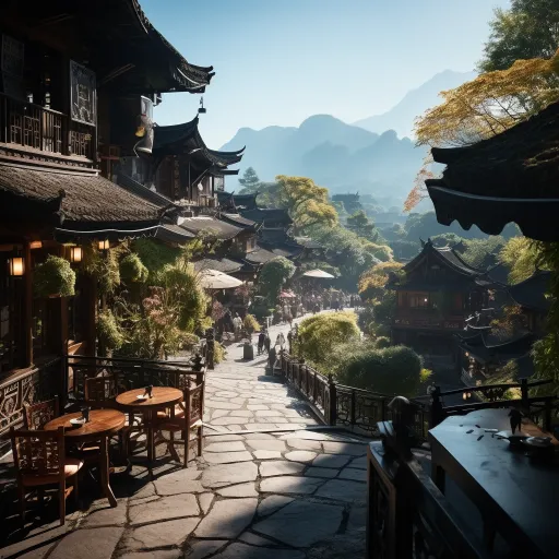 两家餐馆之间的巷子里有中国建筑，以虚幻引擎5的风格呈现，细致的自然描绘，精细的线条和复杂的细节，层次丰富，像极了CryEngine和国家地理的照片，山脉壮丽景色