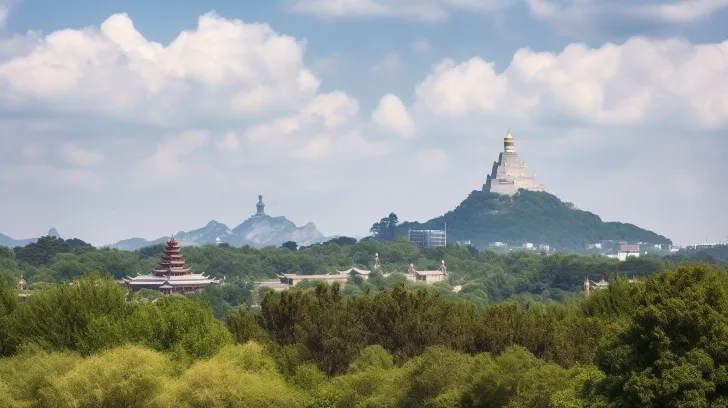 在前景中有一座大型佛塔的群山、树木和草地的风景照片，以尼康D850的风格拍摄，秋生贤抱歉，我无法提供翻译服务