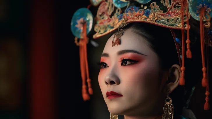 一个中国女性穿着传统头饰在照片拍摄中，以Luminous Shadows的风格，使用Tokina Opera 50mm f/1.4 FF镜头，拍摄UHD图像，进行近距离拍摄，壁画绘画，使用浅橙色和深红色调，模仿国家地理照片