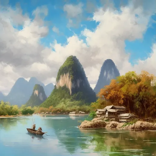 一幅展示人们乘船在湖上的画作，以怀旧画风为主，山水景色壮丽，超高清图像，作者为约翰·勒，描绘了异国风情的景观，和谐而美妙，作者为厄尔·诺雷姆