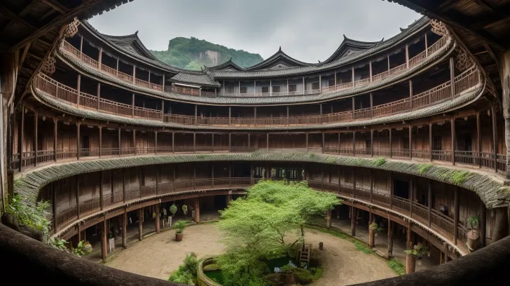 在 Liaonan 的寺庙庭院里，以 Carl Zeiss Distagon T* 15mm f/2.8 Ze 的风格拍摄黑暗、阴森的景观，弯曲的木头，32k UHD 的清晰度，精细的编织，朦胧的景观，学习场所