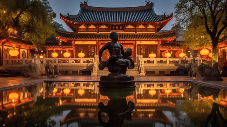 这个亚洲寺庙在晚上被照亮，以古典人物的风格，schlieren摄影，黑暗的白色和浅红色，kawaii美学，青铜，反射，hd为特色