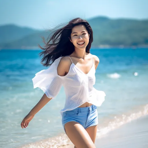这是一幅年轻亚洲女性在海滩上跑步的照片，拍摄风格类似于Tokina At-X 11-16mm f/2.8 Pro DX II镜头，轻松优雅，采用轻白色和浅蓝色调，使用Soft Focus镜头，Zeiss Milvus 25mm f/1.4 Ze镜头拍摄，具有Cottagecore风格，美丽的女性