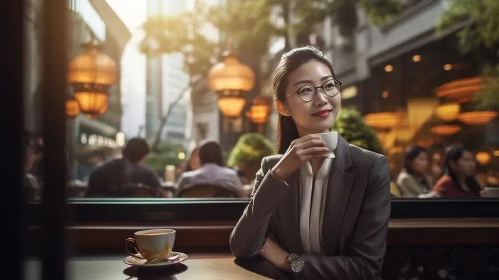 在酒店咖啡厅工作的女性，以柔和的亚洲风格、迷人的目光、开放的形式、光学效果、斑驳的光影和竞赛获胜者为特色