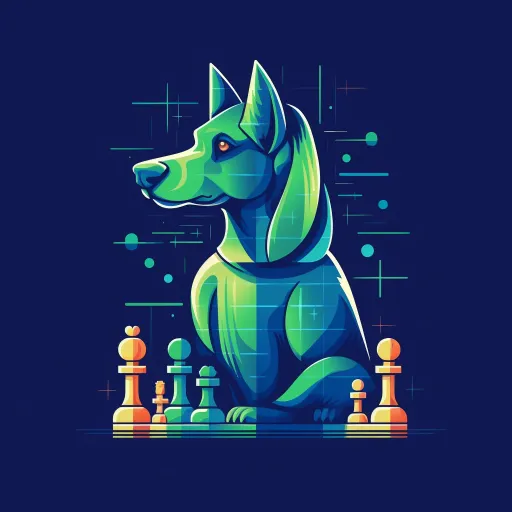 将一只蓝色背景上的方块瓷砖狗头像，以未来幻想风格的logo、深翡翠色和浅青色为特色，以几何动物形象为元素，以微妙的讽刺为特点，具有鲜明的个性设计，强调个性设计