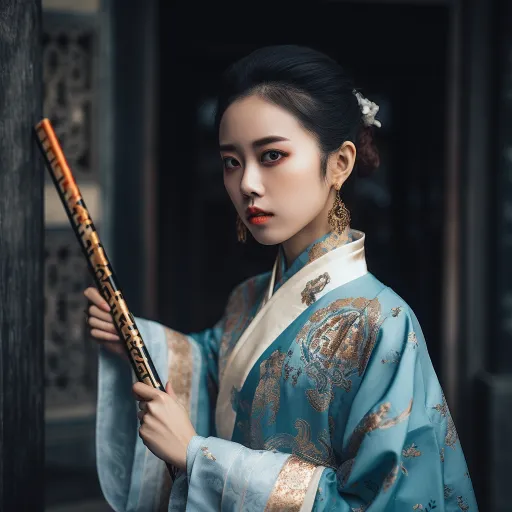 一位身着蓝色汉袍的女子，以柔和梦幻的色调呈现，8k分辨率，Bo Chen，历史题材，真实细节，史诗肖像，宫廷画风