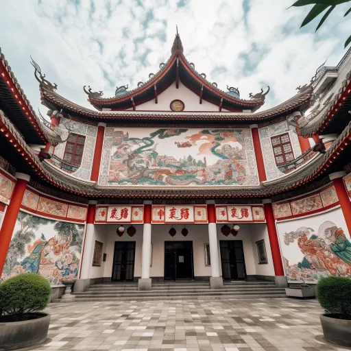 在亚洲湖南城市寺庙的前面，以彩色故事的形式，以Masamune Shirow的风格，以Excessivism的风格，以大胆的色彩，以剧院的描绘，以Light gray和red，以令人难以置信的壁画为特色