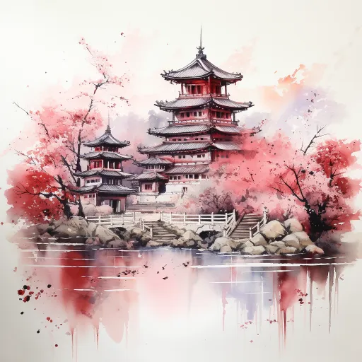 以数码艺术技巧绘制的春天中一座美丽的亚洲寺庙的水彩场景，色调为深银和深红，描绘浪漫的河景，灵感来自村田莲爱的动漫艺术，展现和谐的平衡