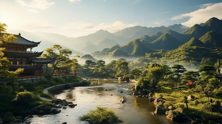 这是一张美丽的亚洲风格建筑和寺庙的照片，位于山的一侧，以浪漫的河流景观、光线充足的景观和日本风格的图像为特色，采用UHD图像、国家地理照片和高对比度阴影技术拍摄