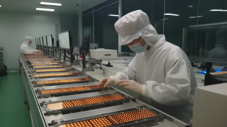 技术人员在工厂中处理电子产品，采用深白色和深青色风格，由水晶制成，具有不透明和半透明特性，使用蔡司14mm f/2.8 RF镜头，制作精细的微型模型，涉及医疗主题和网格