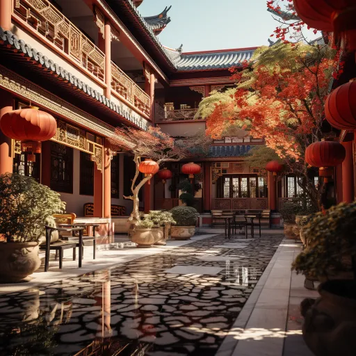 一个由许多中国商店和餐馆组成的大庭院，椅子上挂着红灯笼，风格犹如镜头闪光，有机石雕，国家地理照片，高品质照片，精致的木工艺，宁静的宁谧，传统街景