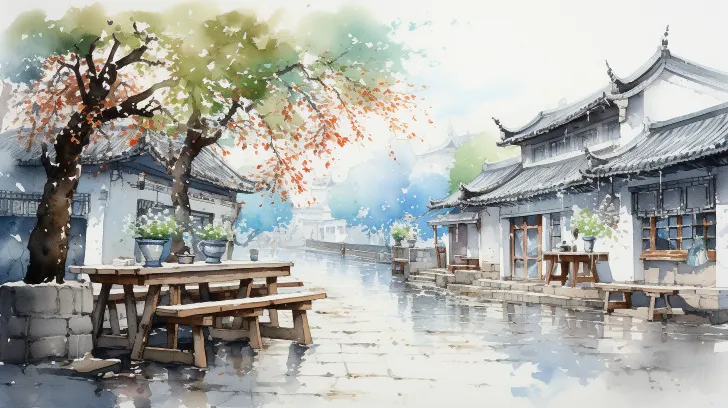 在亚洲村庄附近有一座桥的水彩画，画面上有一棵樱桃树，画风为高细节环境、山脉景色、8k分辨率、优雅城市景观、迷人的城市景观、反射、花卉和自然图案