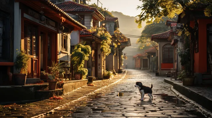 狗狗在鹅卵石街道上，以中国传统山水画的风格，金色的光线，国家地理照片的风格，迷人，田园风光，光滑圆润的线条，引人入胜的氛围城市景观，生动的景观
