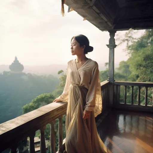 这是一幅描绘一位女士站在阳台上，俯瞰河流，背景中有一座寺庙的中国乡村风格的禅意电影氛围的灰色和浅蓝色调的优雅服装的异国风情照片