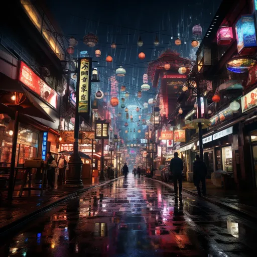 在一个亚洲城市的夜晚，灯笼照亮了整个城市，以数字超现实主义的风格，使用光线跟踪技术，描绘恶劣天气，生动的街道场景，红色shift，发光的颜色，以及具有摄影细节的肖像