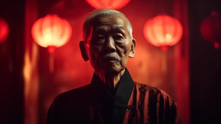 一个站在一大圈红灯笼前的男人，以柔和的照明风格的肖像，使用罗登斯托克Imagon 300mm f/5.8镜头，沉思的肖像画风，陈真，祖父母核心，带有戏剧性照明的写实静物画，巴特尔·布鲁因（Barthel Bruyn）老年人