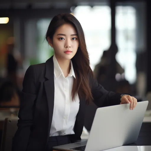 亚洲年轻快乐的亚洲商务女性穿着白衬衫，在咖啡厅里看着笔记本电脑，以钱选的风格，浅琥珀和黑色，迷人的目光，徐悲鸿，经典优雅，浅灰色，女性的感性