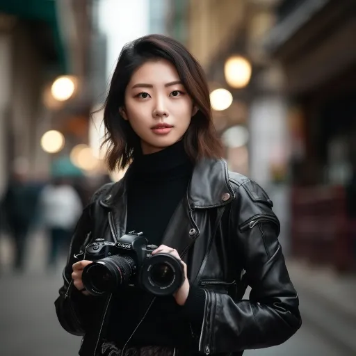 一个a sian girl with an dslr camera在街上，以russell dongjun lu的风格，富有财富的肖像画，黑暗主题，单色层，均匀布置的图像，山脉的景色，对焦堆叠