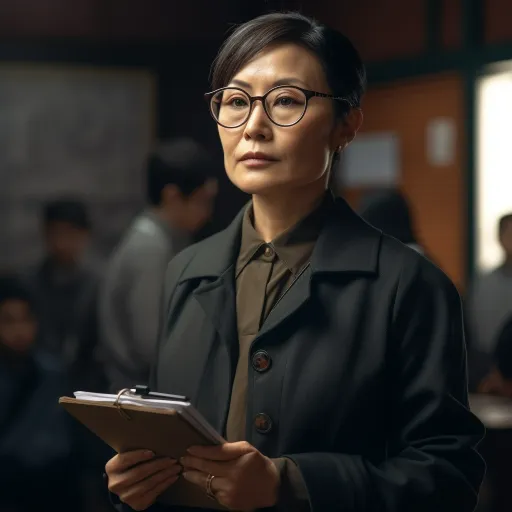 创意监狱场景：一位亚洲女商人戴着眼镜，拿着文件夹，在黑暗中，以富有想象力的方式描绘，采用暗色的海绿色和浅灰色调，使用tokina at-x 11-16mm f/2.8 pro dx ii镜头，营造出黑暗而忧郁的设计师风格，以男性为主，以语言为基础，采用简洁的笔触