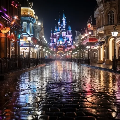 夜幕降临，雨中的disney world，以zeiss milvus 25mm f/1.4 ze的风格呈现，奇幻的街道，迷人的城市景观，黑暗的粉色和浅蓝色，高质量的照片，高动态范围，黑暗的白色和浅青铜色