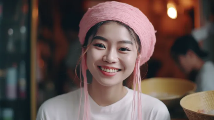 一位亚裔女子在餐馆里吃面条，以柔和的色彩融合，粉色和金色为特色，使用zeiss batis 18mm f/2.8镜头，拍摄Bernardo strozzi的迷人角色，用包装纸包裹，以日本风格呈现