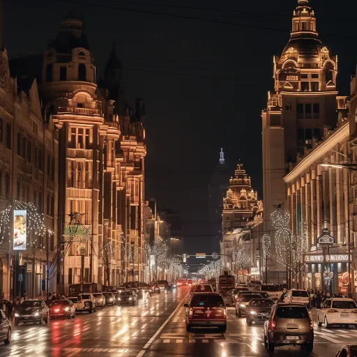 一种风格为郭培的夜景，街道上有建筑物和汽车，图片来自 flickr、aleksandr deyneka、festival atmosphere、xu bing、dark gray and light beige、ornate decoration