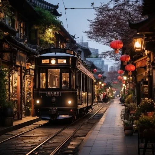 一种传统的亚洲手推车沿着街道行驶，以吸引人的气氛、浪漫的景色、schlieren摄影、UHD图像、光黑和深红色、日本灵感和获奖作品为特色