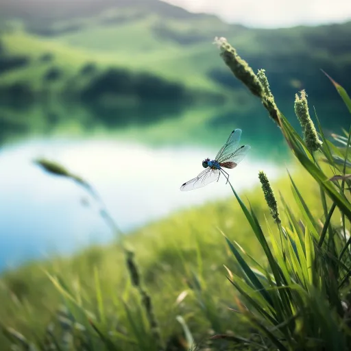 一只蜻蜓在湖边草地上休息，以传统英国风景的风格，天空是蓝色和黑色，Leanne Surfleet，32k UHD，南英国乡村，对大自然的欢乐庆祝，Mingei
