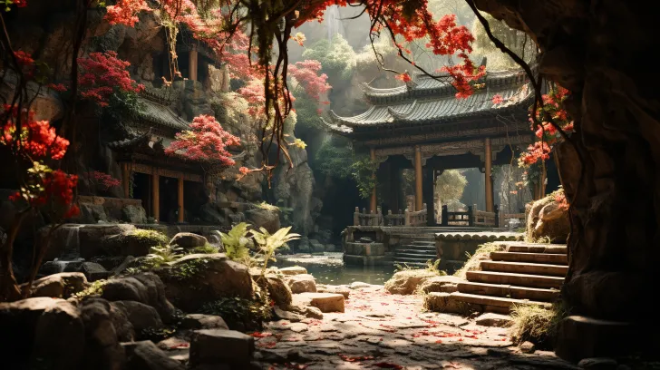 创建一个中国园林，以岩石为特色，以Unreal Engine 5的风格进行幻想插图，环境肖像，真实而详细的渲染，具有氛围和梦幻效果，丛林核心，详细建筑