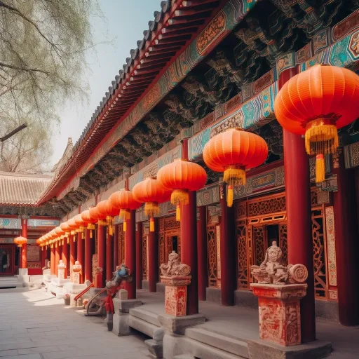 将中国文化的古老寺庙与红色中国灯笼相结合，以绿色和棕色的轻绿、轻棕色、浅蓝色和白色的轻色调，富士Pro 400H 32k UHD 高质量照片，以浅红色和白色的轻色调，大胆的线条和明亮的颜色呈现