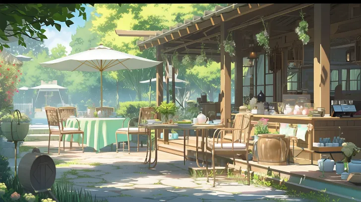 一个来自茶时间咖啡厅的动画场景，有户外桌子，采用温和的色彩调色板和自然场景，32K超高清画质，以东方风格为灵感，展现宁静的乡村场景，太阳晒效果处理，富有禅意的设计