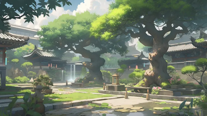 将一个花园与寺庙、树和水相结合，以日本动漫艺术的风格呈现，有尘土堆积、火焰核心、艺术germ、生动的街道场景、太阳能化大师、敬畏而宁静的元素
