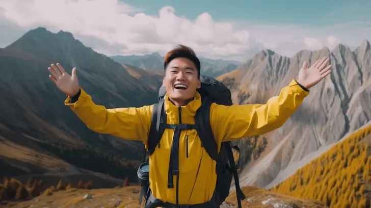 在背景中，泰国登山者微笑着挥手，以y2k风格呈现，采用灰色和红色调，使用佳能 eos 5d mark iv拍摄，以自然图案为特色，展现英雄主义的男性气质，采用鲜艳的色彩主义，使用agfa clack拍摄