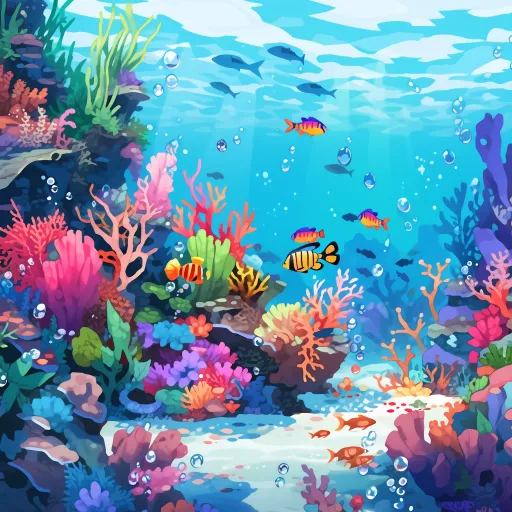 卡通海底场景，有鱼和珊瑚，以彩色幻想现实主义的风格，多彩的景观，生动的色彩使用，详细的植被，饱和的色素池，生动，活泼，深青色和粉色的色彩运用