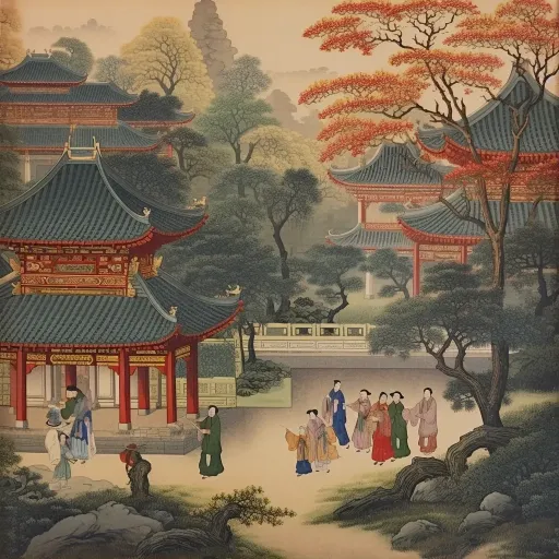 这是一幅以寺庙和人物为主题的亚洲油画，以高度详细的现实主义风格绘制，采用红色和灰色调，色彩鲜艳的花园，陈振声，真实细节，高质量照片，朱天棚