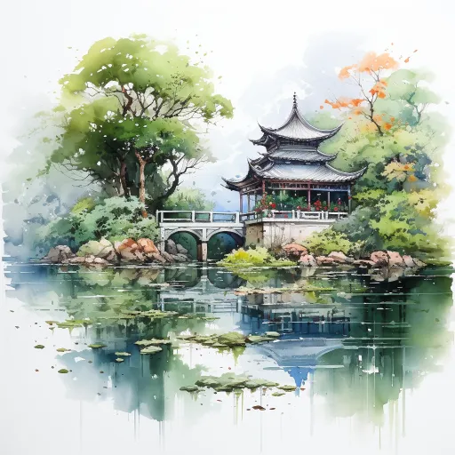 将一张以平和的田园风光为风格的水彩画，描绘一座寺庙的插画，以数字绘画的方式呈现，以宁静的牧场景象为特色，以江洪为背景，以迷人和田园的景色为特色，以平静的水面为特色，以高分辨率呈现