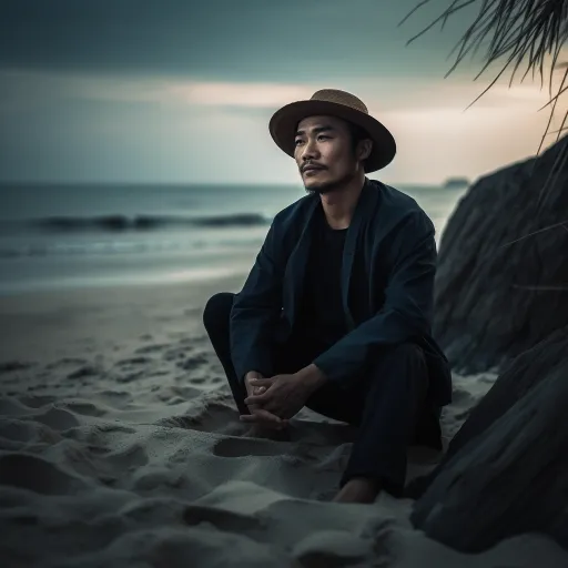 一个男人坐在海滩上，戴着一顶帽子，以肖像画的风格，使用柔和的照明，昂古拉Kei，忧郁的气氛，带有情感的肖像画，UHD图像，夜野雅史，深青色和琥珀色